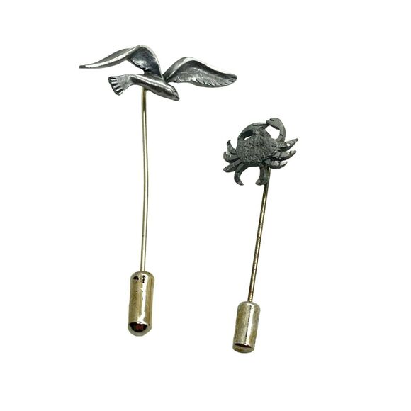 Seagull Crab Beach Classic Lapel Stick Pin Set Of 2 Women's Pewter Tone - Picture 1 of 10